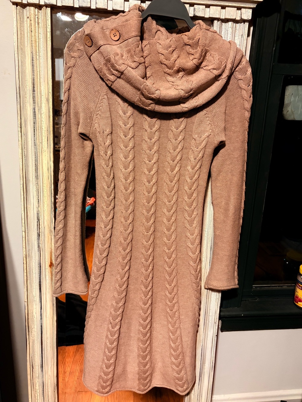 Dakini Cable-Knit Hooded Sweater Dress in Mauve Brown